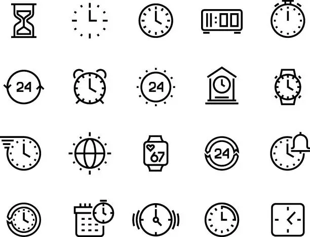 Vector illustration of Time line icons. Clock calendar timer watch and hourglass vector symbols, waiting and working hours pictograms isolated