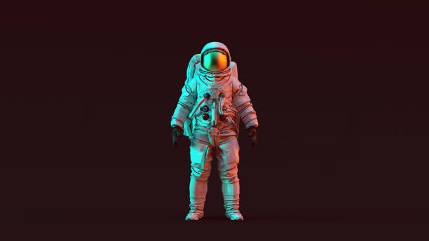 astronauta con visera de oro y traje espacial blanco con rojo y azul de moody ' s de 80 iluminación frontal - astronaut fotografías e imágenes de stock