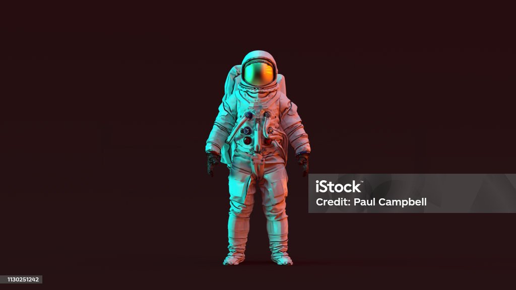 Astronaut with Gold Visor and White Spacesuit with Red and Blue Moody 80s lighting Front Astronaut with Gold Visor and White Spacesuit with Red and Blue Moody 80s lighting Front 3d illustration 3d render Astronaut Stock Photo