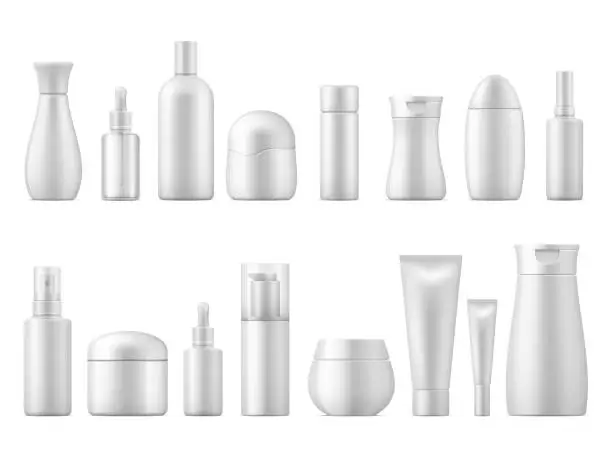 Vector illustration of Realistic cosmetic package. White product bottle plastic lotion shampoo spray container blank 3D tube pack dispenser template