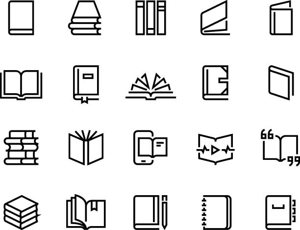 Book line icons. Open magazine, library education set, bookstore order collection. Vector dictionary bible textbook thin outline Book line icons. Open magazine, library education set, bookstore order collection. Vector dictionary bible textbook thin outline logo bible art library stock illustrations