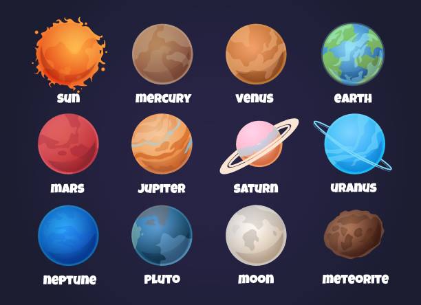 sonnensystem planeten. cartoon-merkur und venus, erde und mars, jupiter und saturn, uranus und neptun. astronomie-vektor - satellite dish stock-grafiken, -clipart, -cartoons und -symbole