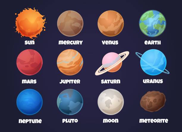 ilustraciones, imágenes clip art, dibujos animados e iconos de stock de planetas del sistema solar. dibujos animados de mercurio y venus, tierra y marte, júpiter y saturno, urano y neptuno. vector de astronomía - mars