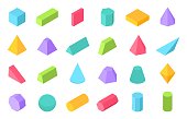 Isometric shapes. 3D geometric form, flat geometry polygon objects such as prism pyramid cylinder sphere. Vector isometric