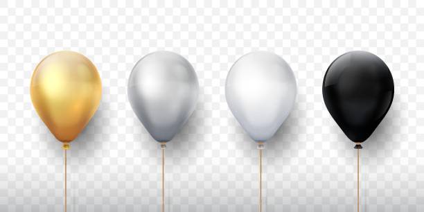현실적인 풍선입니다. 골든 3d 투명 파티 풍선, 실버 화이트 생일 장식. 벡터 파티 ballon 세트 - hot air balloon 이미지 stock illustrations