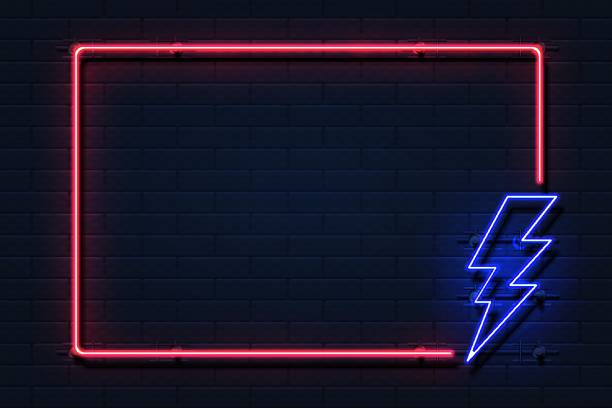 Neon lightning frame. Electricity power flash logo on black background, power outage concept. Vector lightning boarder Neon lightning frame. Electricity power flash logo on black background, power outage concept. Vector lightning boarder illustration lightning backgrounds stock illustrations