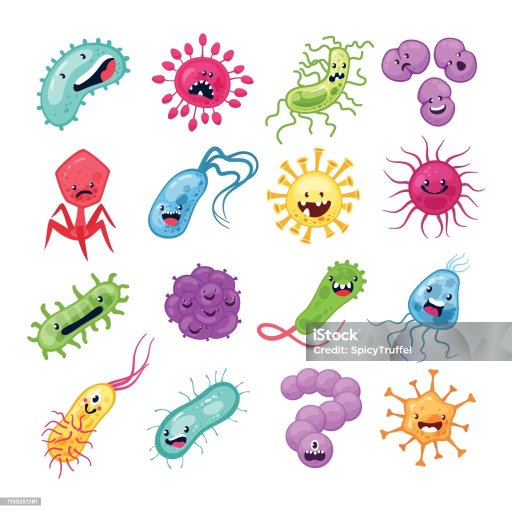 Virus characters. Funny viruses biological allergy microbes epidemiology bacterial infection germ flu microbiology cartoon vector Virus characters. Funny viruses biological allergy microbes epidemiology bacterial infection germ flu microbiology cartoon vector set Bacterium stock vector