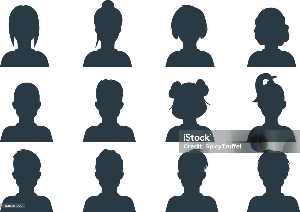 Tête de silhouette de personne. Les gens profil avatars, visages humains mâles et femelles anonymes. Portraits de vecteur utilisateur entreprise - clipart vectoriel de Enfant libre de droits