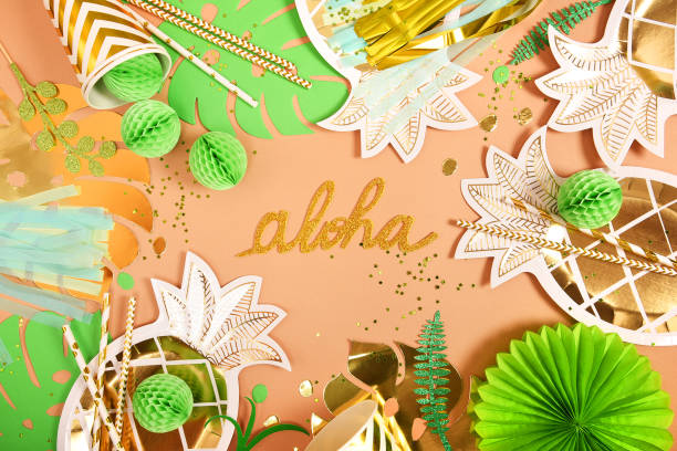 istock Festive background. Tropical theme. Hawaii. Party, birthday. View from above. Flat lay. 1130251306