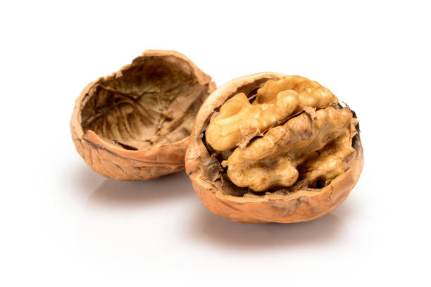 istock Open ripe walnut with kernel and shell, close up macro, isolated on a white background. 1130256661