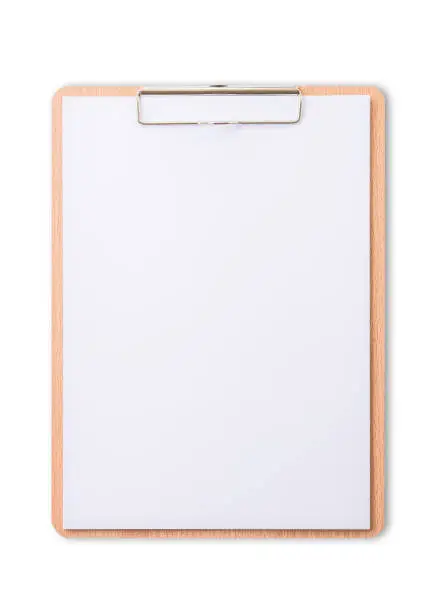 Photo of Clipboard note pad mock up with blank A4 size white page paper isolated on white background with clipping path for business and education mockup template