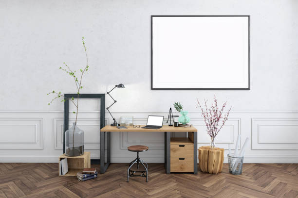 Blank poster frame home office interior background template