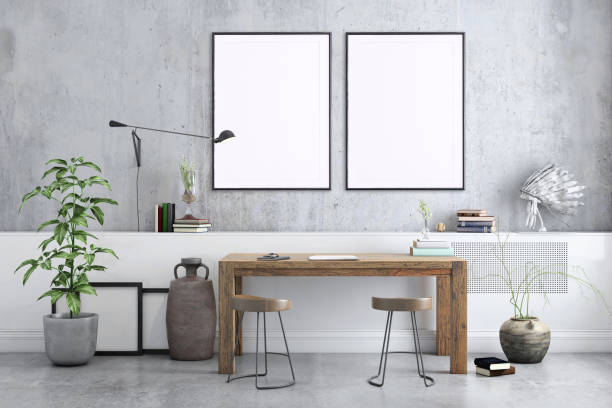 Blank poster frame home office interior background template Freelancer home studio interior. Wooden desk. Blank picture poster frame. Artist designer background template. bookshelf photos stock pictures, royalty-free photos & images
