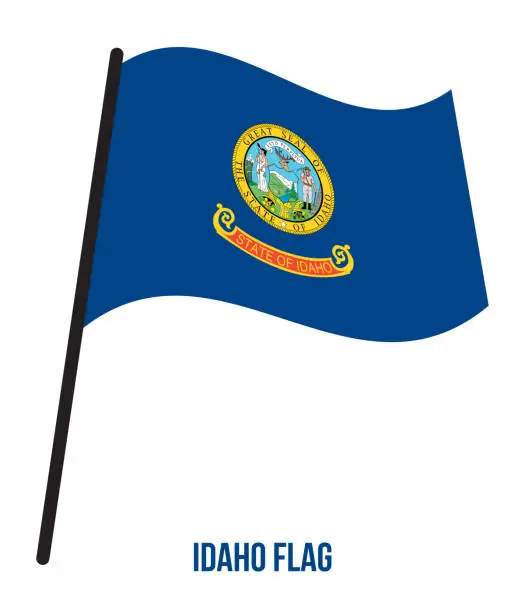 Vector illustration of Idaho (U.S. State) Flag Waving Vector Illustration on White Background. Flag of the United States of America.