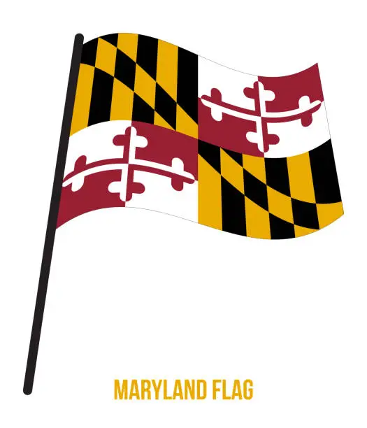 Vector illustration of Maryland (U.S. State) Flag Waving Vector Illustration on White Background. Flag of the United States of America.