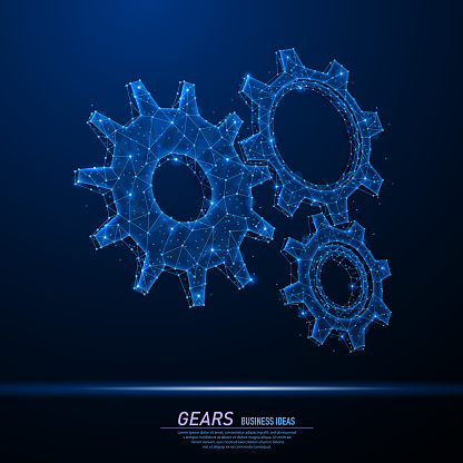 Abstract polygonal light of Gears. Business wireframe mesh spheres from flying debris. Mechanical technology machine engineering, engine work, concept. Blue structure style vector illustration.