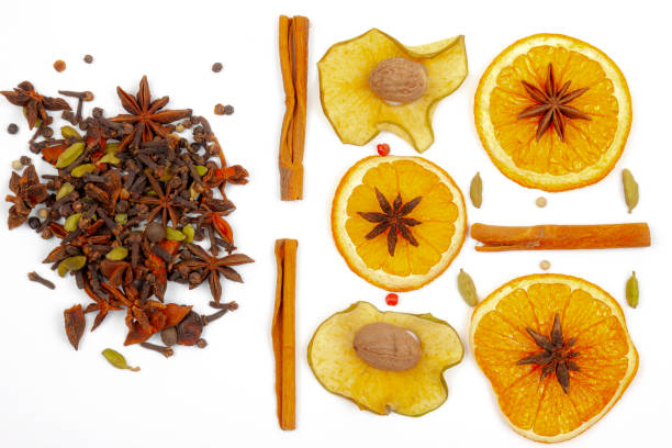 dried fruits, lemon, apple, cinnamon, nutmeg. on a white background, isolate. - fish oil cod liver oil doctor holding imagens e fotografias de stock