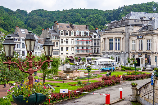 Spa, Belgium - June 12, 2016: Elevated view of the Gardens of the Casino in front of the present buildings of the 18th-century La Redoute - the oldest Casino in the world