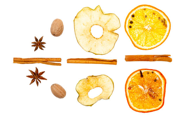 dried fruits, lemon, apple, cinnamon, nutmeg. on a white background, isolate. - fish oil cod liver oil doctor holding imagens e fotografias de stock