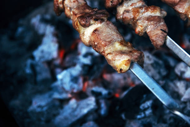 istock Shish kebab, fried meat. camping, opening season. 1130268324