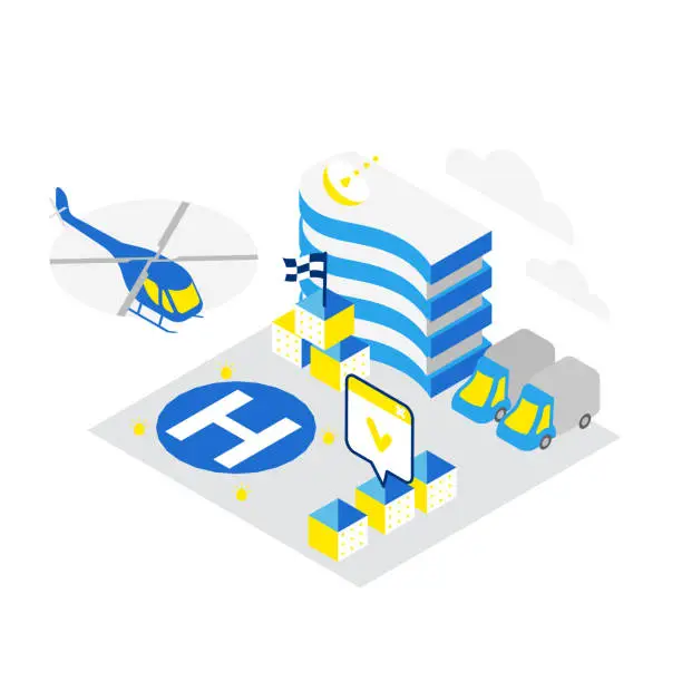 Vector illustration of Smart city. Helicopter helipad data infrastructure isometric concept technology. Internet cloud storage heliport. Blue and yellow colors.