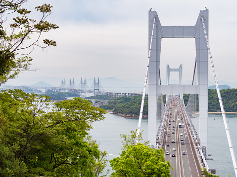 Seto Ohashi Bridge from Mt.Washu lookout in Kurashiki City, Okayama Prefecture, Japan. Okayama prefecture is the prefecture facing the Seto Inland Sea.