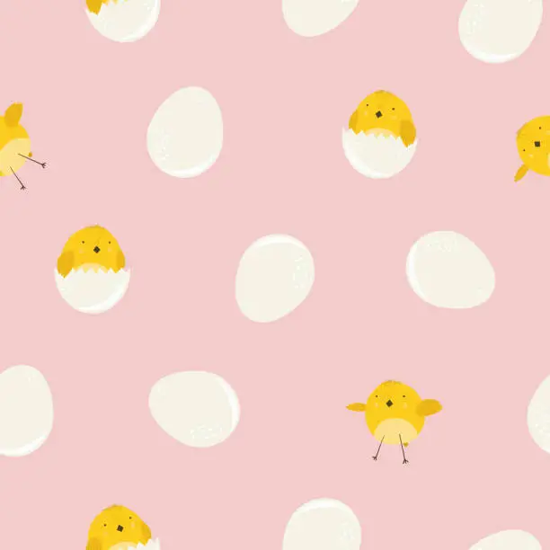 Vector illustration of Cute pink pattern with cartoon yellow chickens