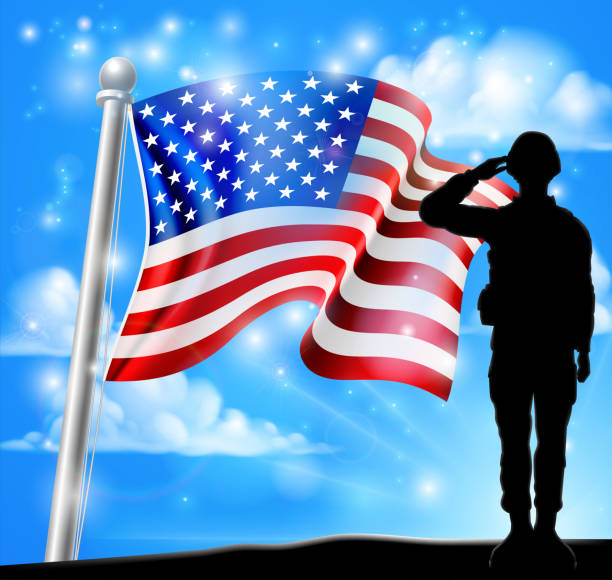 patriotyczny żołnierz salute american flag tło - saluting armed forces military us veterans day stock illustrations