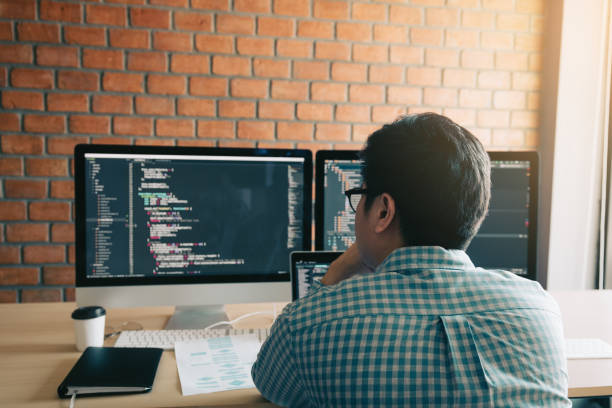 istock Rear view of contemporary website developer writing code for program and looking monitor screen with analyzing code. 1130269912