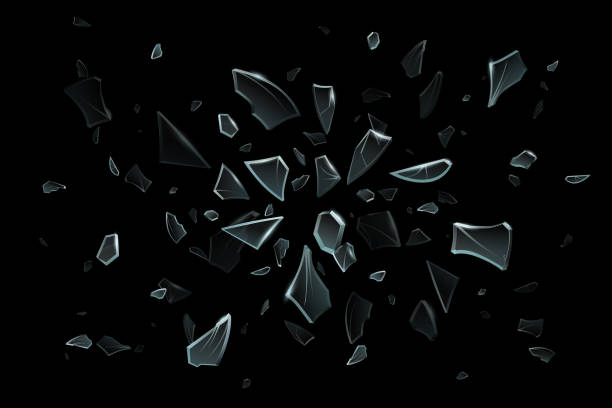 illustrations, cliparts, dessins animés et icônes de brise de verre dispersé. morceaux de fragments vitreux, éclat de vitre brisée et verre fissuré réaliste vector illustration - exploding breaking impact glass