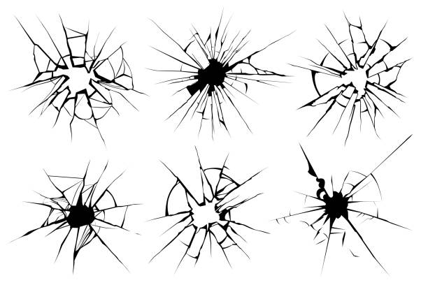Cracked glass. Broken window, shattered glassy surface and break windshield glass texture silhouette vector illustration set Cracked glass. Broken window, shattered glassy surface and break windshield glass texture silhouette. Crack shattered mirror or bullet hole. Vector illustration isolated icons set bang icon stock illustrations