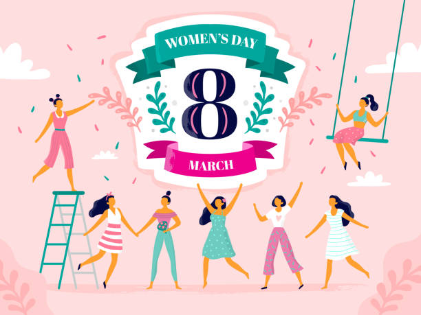 Celebrating womens day. Eight march celebration, happy laughing woman and international female holiday vector flat illustration Celebrating womens day. Eight march celebration, happy laughing woman and international female holiday. Girl power day postcard, ladies 8 march feminism party vector flat illustration springtime woman stock illustrations