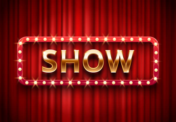 Theater show label. Festive stage lights shows, golden text on red curtains. Movie showing premiere, theater showtime red billboard vector background illustration