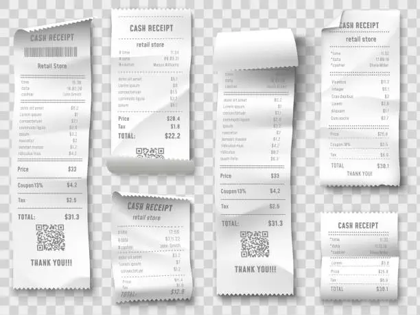 Vector illustration of Shopping receipt. Retail store purchase receipts, supermarket invoice printing and purchasing bill isolated vector collection