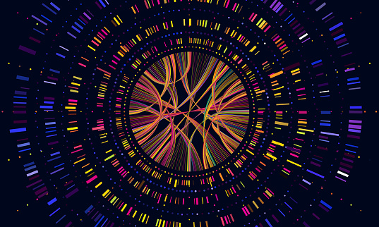 Genome data. Genetics sequence barcode visualization, dna test and genetic medical sequencing map. Genomics genealogy sequencing data, chromosome architecture vector concept illustration