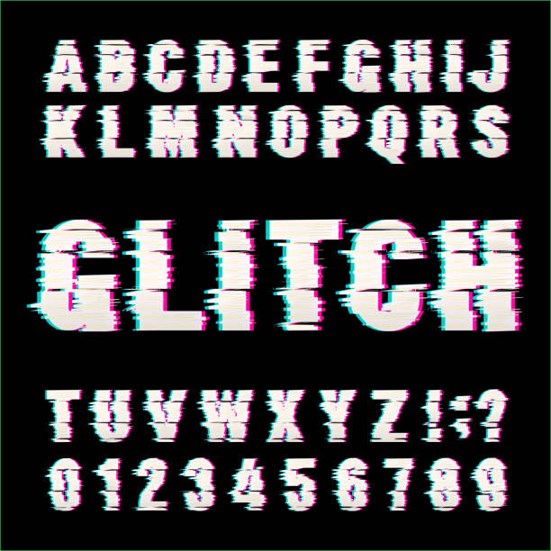 Glitch alphabet font. Damaged type letters and numbers. Glitch alphabet font. Damaged type letters and numbers on a black background. Vector typescript for your design. distorted font stock illustrations