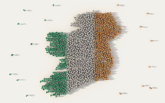 Large group of people forming Ireland map and national flag in social media and communication concept on white background. 3d sign symbol of crowd illustration from above gathered together