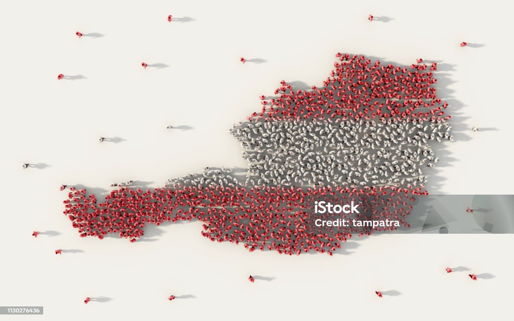Große Gruppe von Menschen, die Österreich Karte und Nationalflagge in sozialen Medien und Kommunikationskonzept auf weißem Hintergrund bilden. 3D Zeichen Symbol der Menschenmenge Illustration von oben versammelt - Lizenzfrei Österreich Stock-Foto