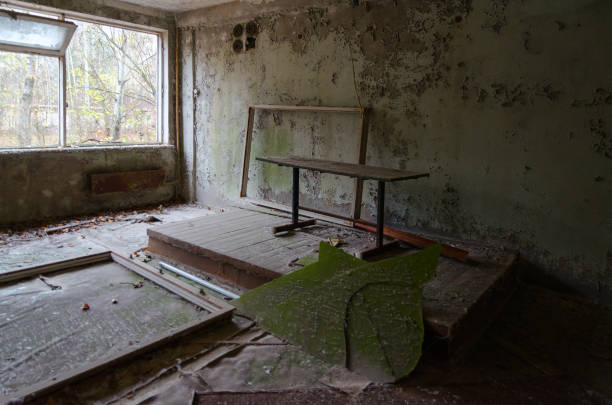 школа в заброшенном городе-призраке припять в зоне отчуждения чернобыльской аэс (после катастрофы, 32 года без людей), украина - dead race стоковые фото и изображения