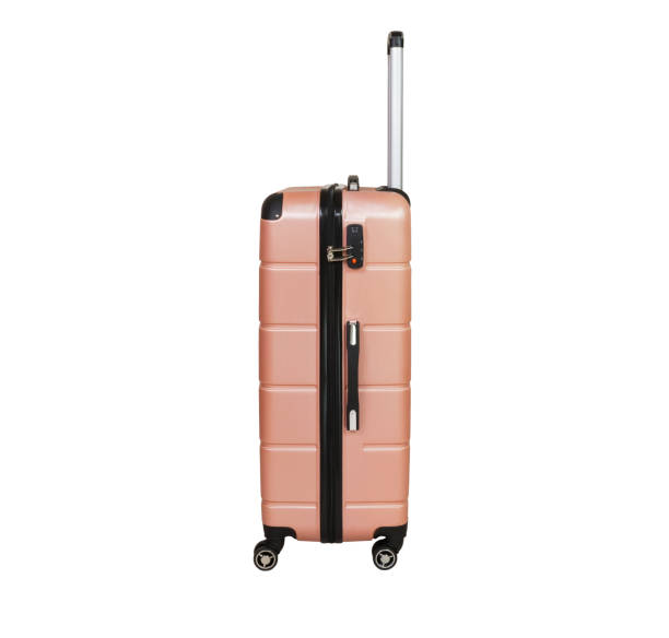 istock Beige suitcase isolated on white background. Polycarbonate suitcase isolated on white. Beige suitcase. 1130278878