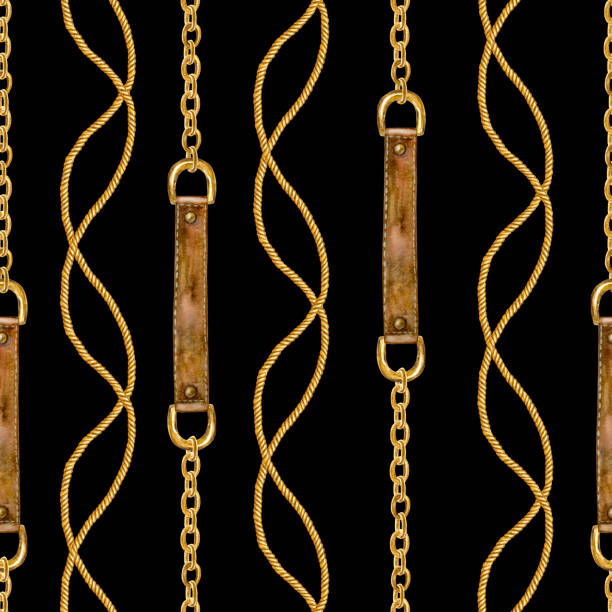 istock Golden chain glamour seamless pattern illustration. Watercolor texture with golden chains and leather belts. 1130279653