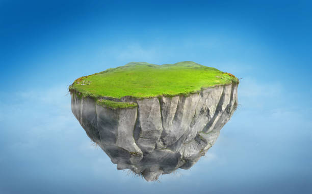 istock 3D fantasy floating island with green grass land on blue sky 1130279862