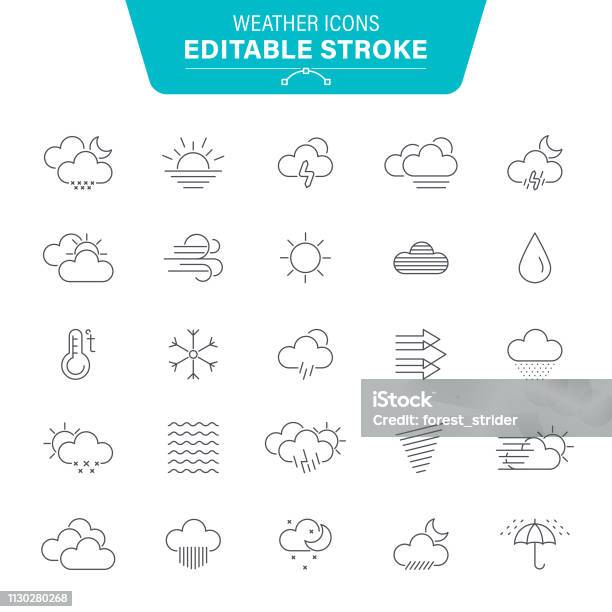 Weather Editable Line Icons Stock Illustration - Download Image Now - Icon Symbol, Wind, Cloud - Sky