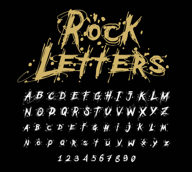 Dirty letters Hand drawn dry brush font. Modern brush lettering. Grunge style alphabet. Vector illustration. rocking stock illustrations