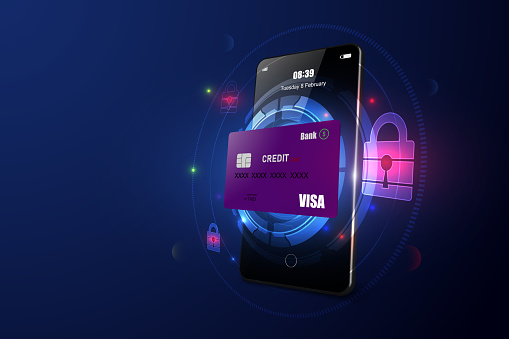 Online payment security transaction via credit card. smartphone. digital technology transfer pay.  Vector illustration