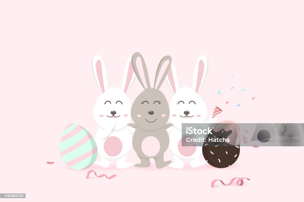 Easter, happy greeting card holiday, confetti decoration celebrate party poster, adorable rabbit with egg fancy, cute bunny cartoon invitation vector illustration Animal stock vector