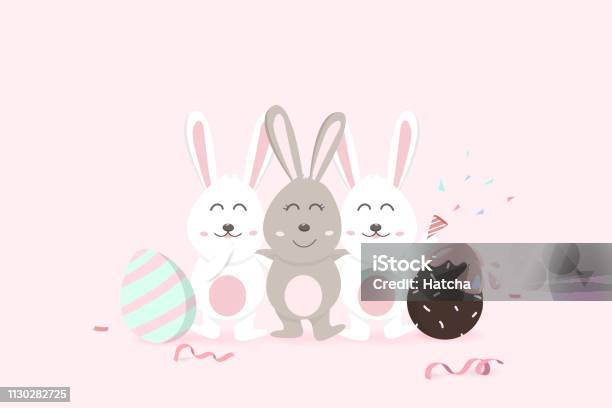 Easter Happy Greeting Card Holiday Confetti Decoration Celebrate Party Poster Adorable Rabbit With Egg Fancy Cute Bunny Cartoon Invitation Vector Illustration Stock Illustration - Download Image Now