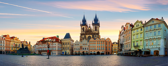 View on Old Town Square in Prague at sunrise