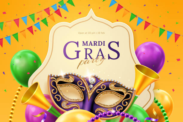 Mask carnival at mardi gras invitation flyer Purple mask with diamonds for carnival at mardi gras invitation flyer. Balloons and horns, beads and flags, crepe paper streamer at venice parade background. New Orlean parade banner. Venetian holiday mardi gras flyer stock illustrations