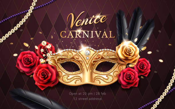 Mardi gras carnival banner, flyer with mask Mardi gras carnival banner with mask and rose flower, feather, beads or chaplet. Masquerade costume part on venice festival banner. Colombina mask with lace. Venetian festive flyer, party poster costume stock illustrations